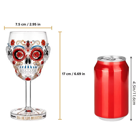 Day of the Dead Collector Goblet – Limited Edition Art Glass, Skull Wine Glass, Handcrafted Day of the Dead Skeleton Floral Goblet, Gothic Skull Wine Chalice for Home Bar & Altar Decor (2PCS)