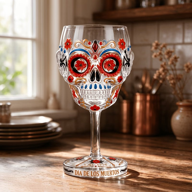 Day of the Dead Collector Goblet – Limited Edition Art Glass, Skull Wine Glass, Handcrafted Day of the Dead Skeleton Floral Goblet, Gothic Skull Wine Chalice for Home Bar & Altar Decor (2PCS)