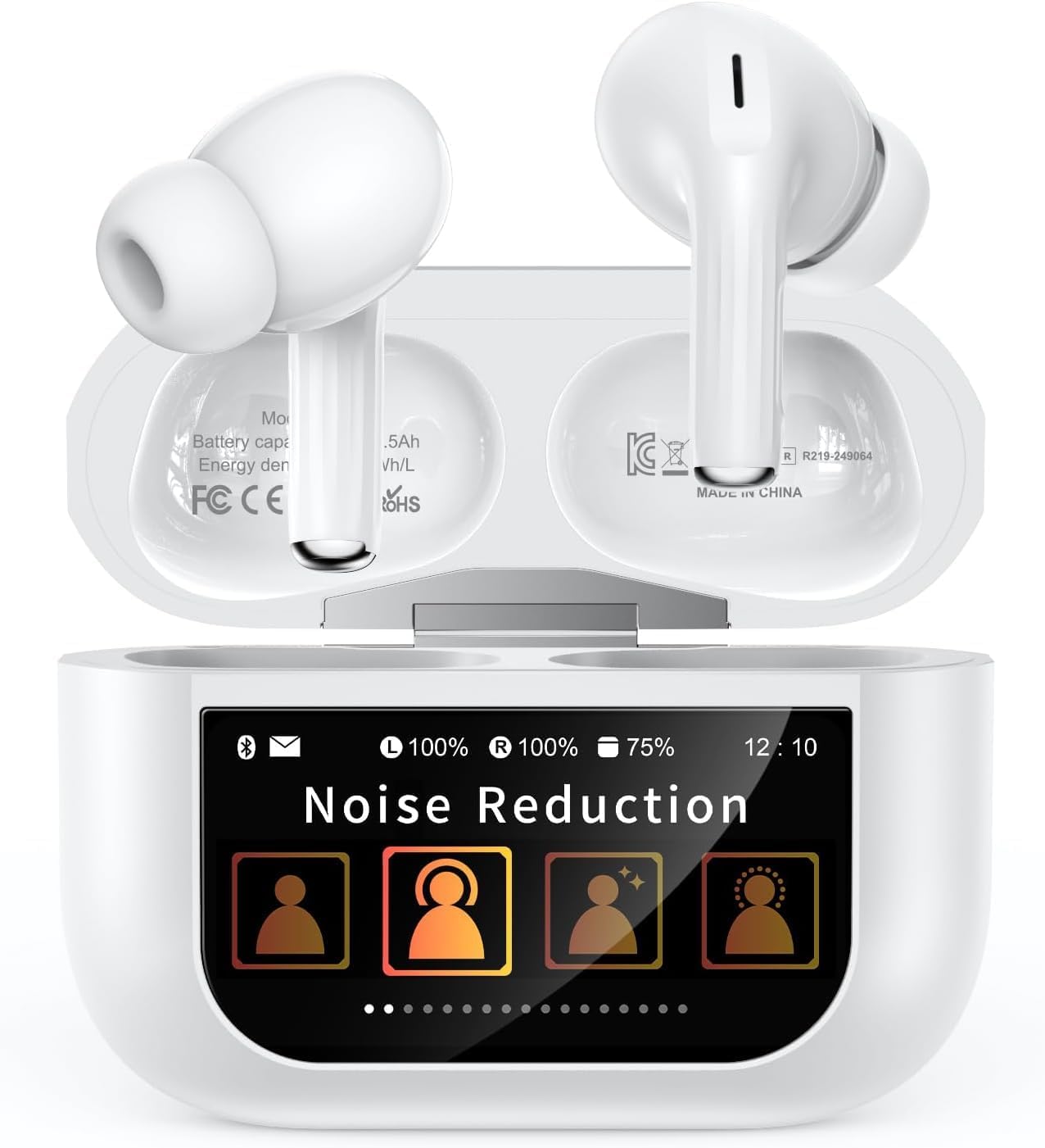 Wireless Earbuds with LED Touch Screen, ANC Noise Cancellation 45dB, Smart Display Case, White