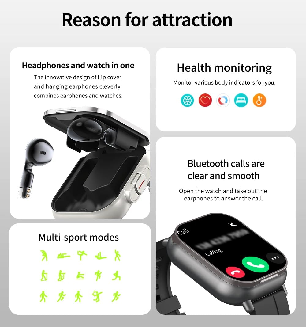 Smart Watch with Earbuds, 2.01 HD Smartwatch Health and Fitness Tracker for Men Women,Answer Make Calls, Fitness Watch for Android