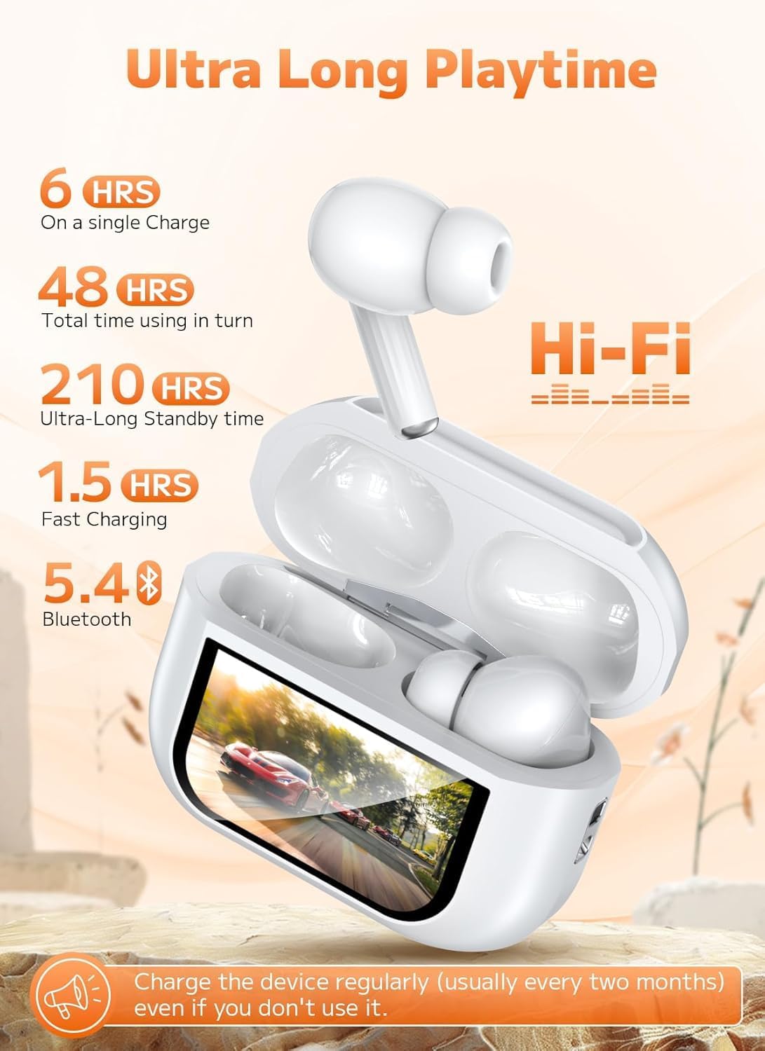 Wireless Earbuds with LED Touch Screen, ANC Noise Cancellation 45dB, Smart Display Case, White