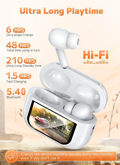 Wireless Earbuds with LED Touch Screen, ANC Noise Cancellation 45dB, Smart Display Case, White