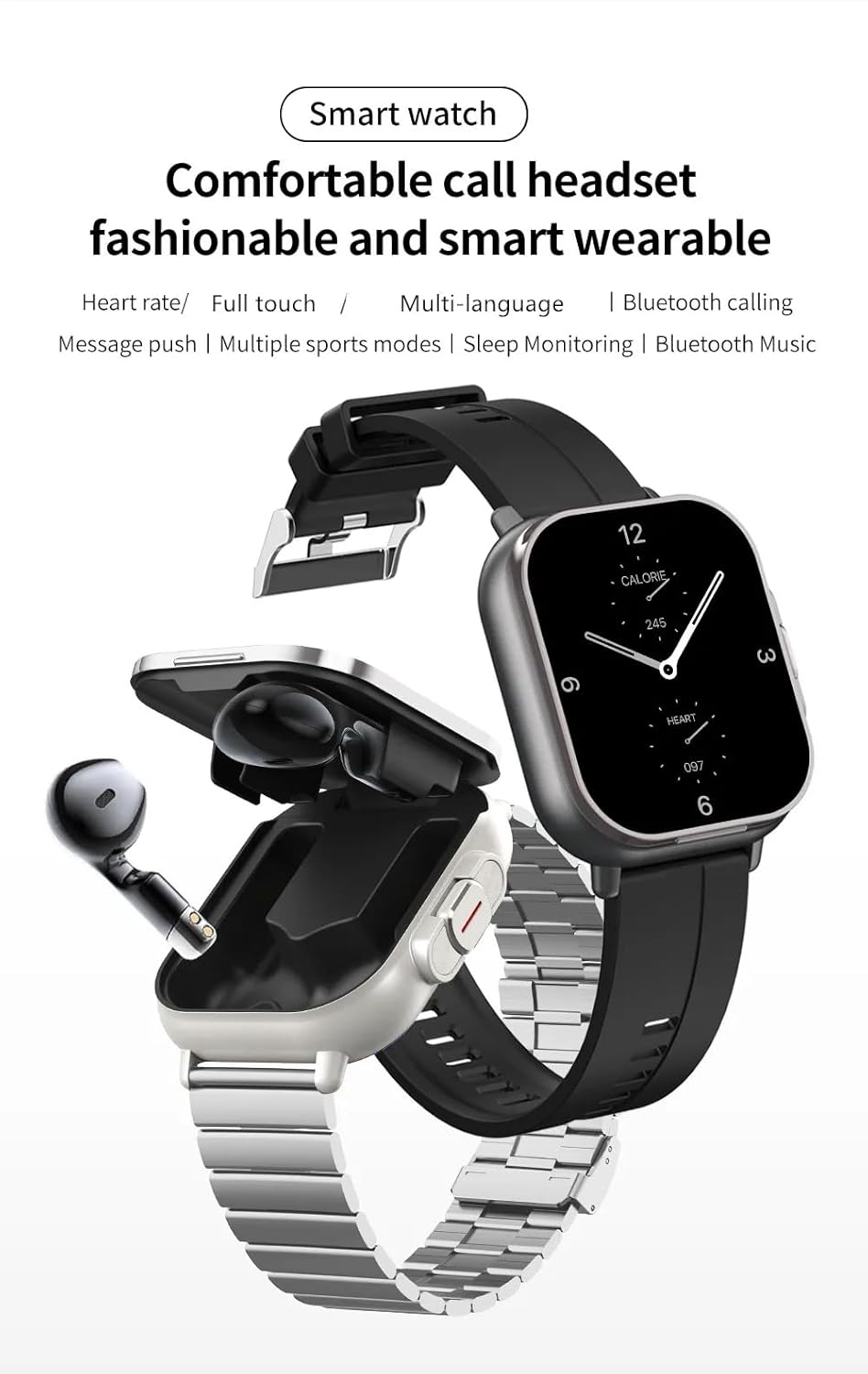 Smart Watch with Earbuds, 2 in 1 Bluetooth Earphones & Smart Watches with 2.01 Inch HD Touchscreen, Sports Smart Watches with Weather Forecast & Message Reminders, for Android