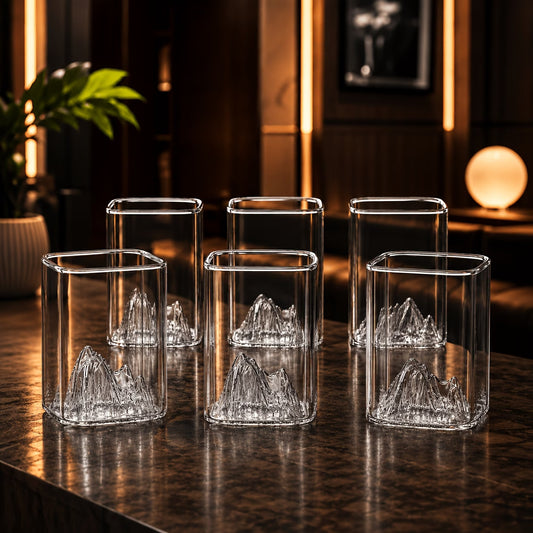 Alpine Premium Mountain Glass Set of 6 | 300 ML Clear Transparent Whiskey Glass, Water Glass, Juice Glass, Cocktail & Mocktail Glass | Unique Mountain Design | Luxury Bar Glassware Gift Set