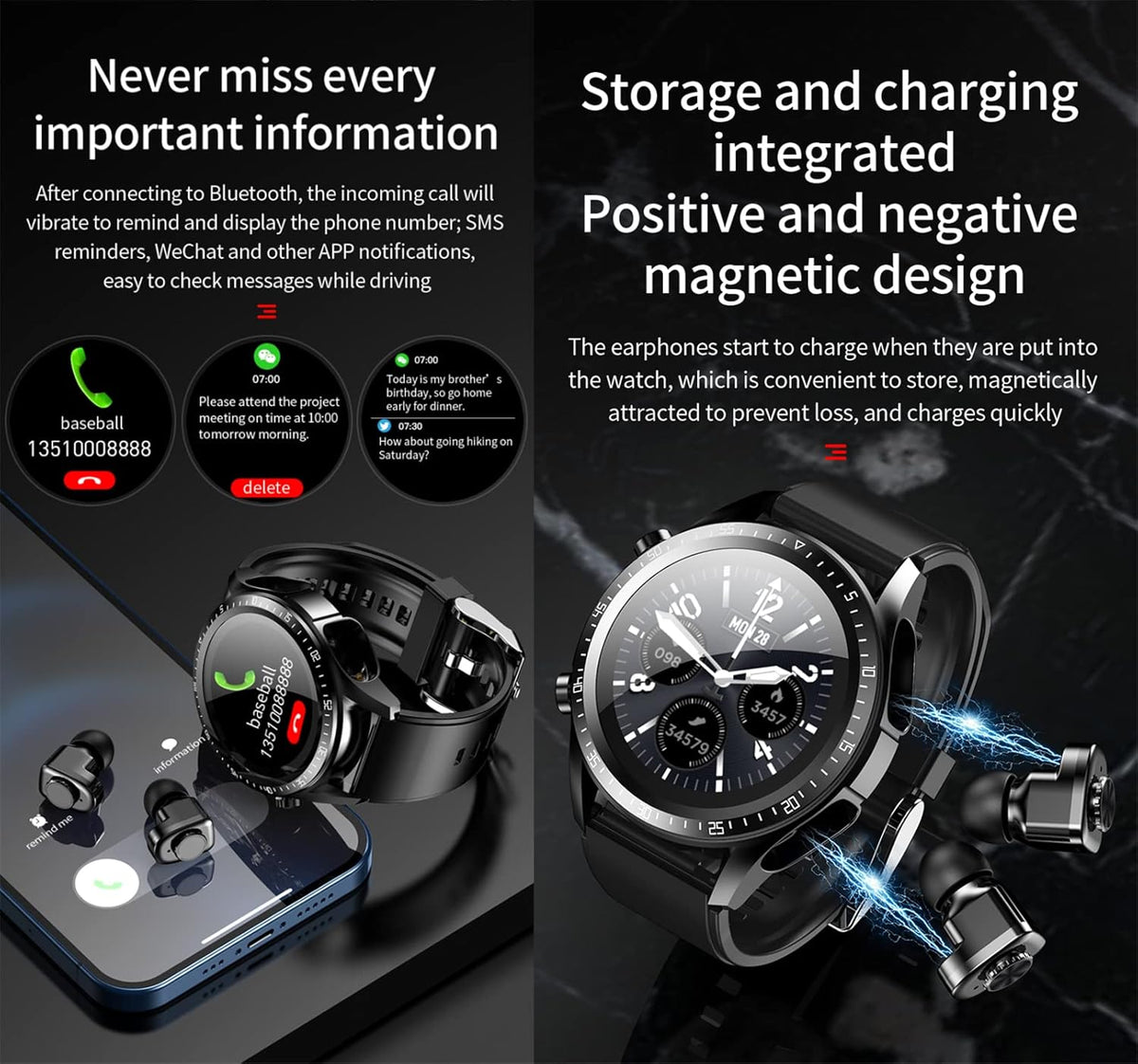 2 in 1 Smart Watch with Earbuds 1.28" Smartwatch TWS HiFi Stereo Wireless Headset Combo Bluetooth Phone Call for Android
