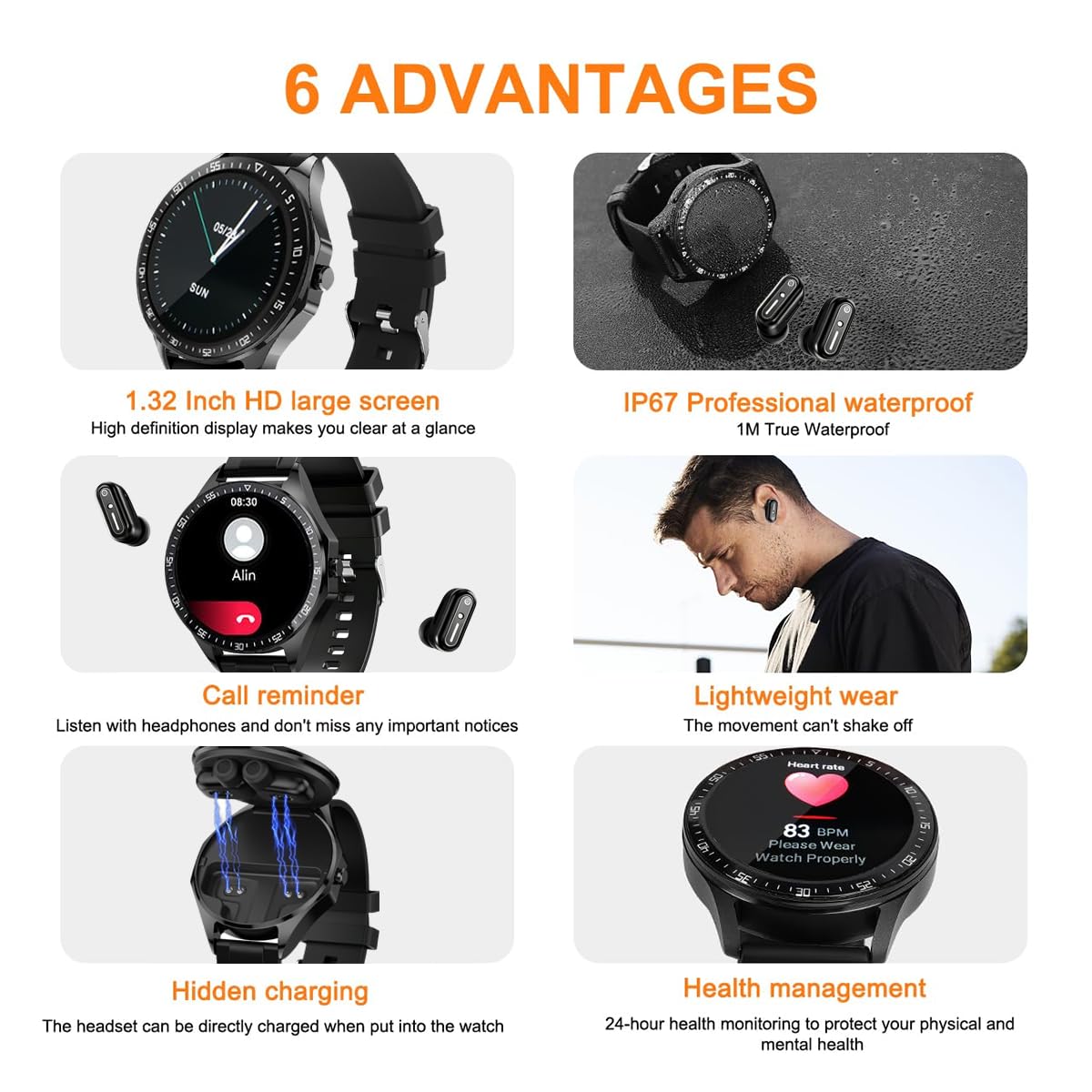Smart Watch With Earbuds,2 In 1 Build-In TWS Wireless Bt5.0 Earphone Fitness Sports Health Monitor