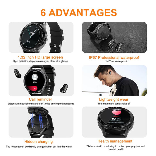 Smart Watch With Earbuds,2 In 1 Build-In TWS Wireless Bt5.0 Earphone Fitness Sports Health Monitor