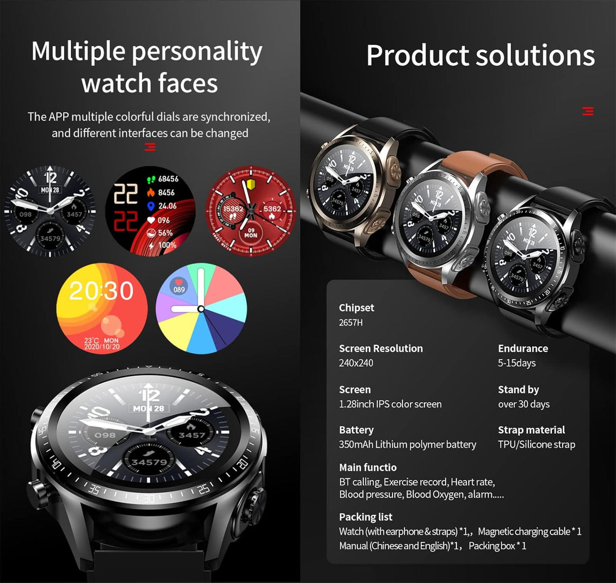 2 in 1 Smart Watch with Earbuds 1.28" Smartwatch TWS HiFi Stereo Wireless Headset Combo Bluetooth Phone Call for Android