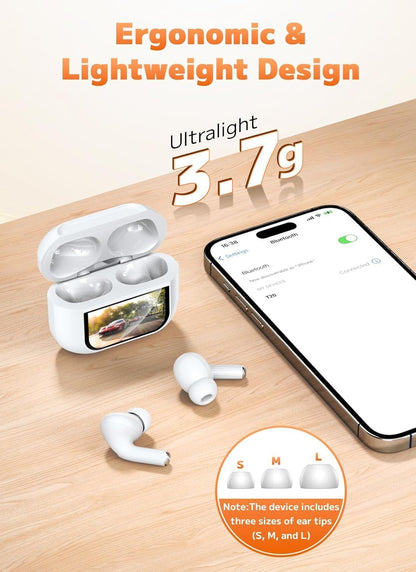 Wireless Earbuds with LED Touch Screen, ANC Noise Cancellation 45dB, Smart Display Case, White