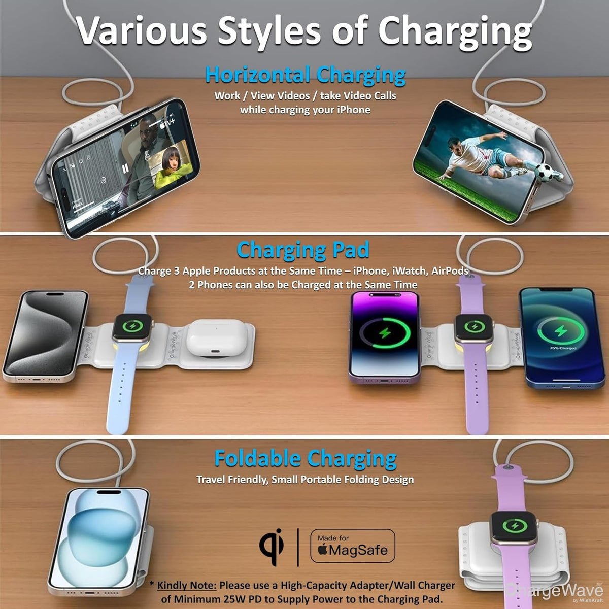 3-in-1 Wireless Charger for iPhone 17/16/15/14/13/12 Series | 20W MagSafe Compatible Magnetic Foldable Wireless Charging Station for Apple iPhone, Watch & AirPods