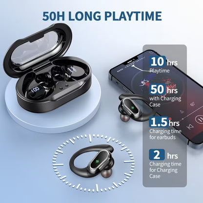 Wireless Earbuds, Bluetooth Headphones Sport,HiFi Stereo Deep Bass Over-Ear buds with ENC Noise Cancelling Mic, Waterproof & LED Display Earphones