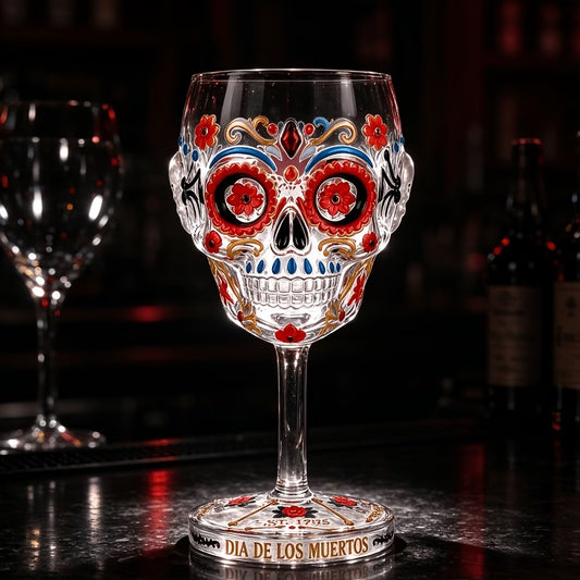 Day of the Dead Collector Goblet – Limited Edition Art Glass, Skull Wine Glass, Handcrafted Day of the Dead Skeleton Floral Goblet, Gothic Skull Wine Chalice for Home Bar & Altar Decor (2PCS)